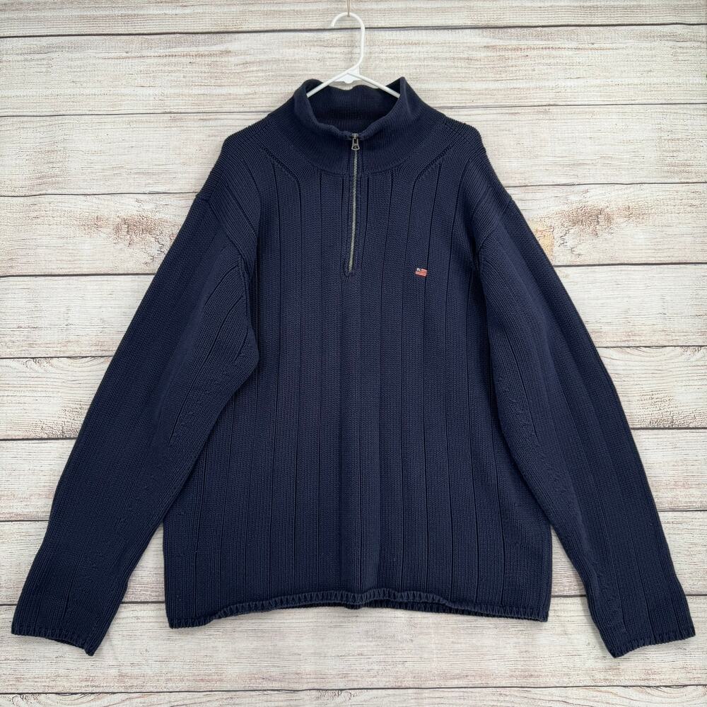 Vintage Y2K Polo Jeans Co 1/4 Zip‎ Sweater Men's XXL Navy Blue Flag Embroidered